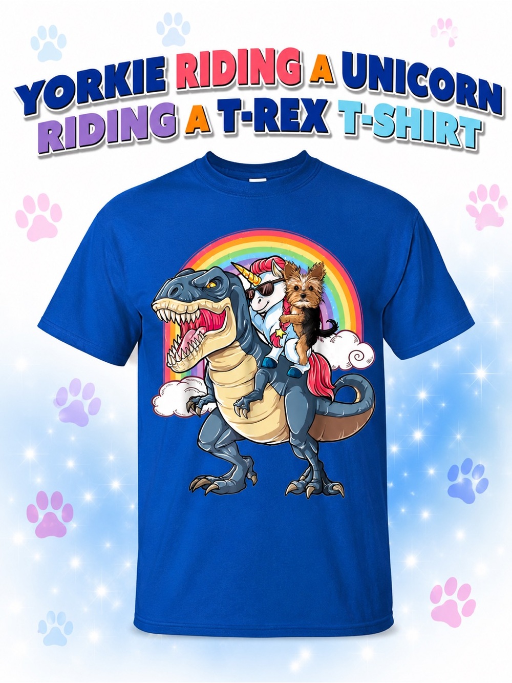 Yorkie Riding a Unicorn Riding a T-Rex T-Shirt NEW
